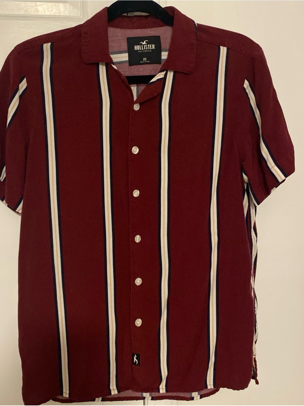 Hollister Burgundy Vertical Stripe Camp Shirt